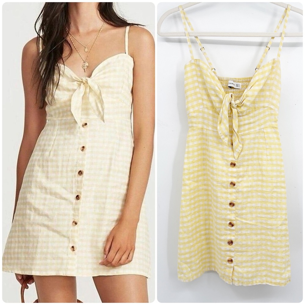Faithfull The Brand Womens Yellow Gingham‎ Linen Rodeo Cottagecore Mini Dress S